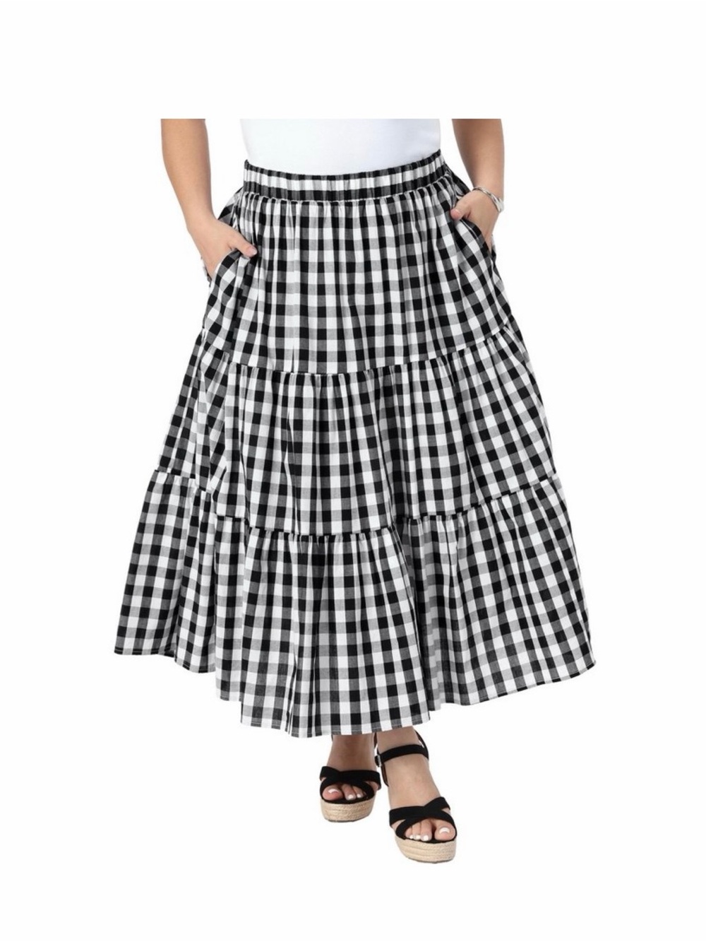 Black & White Gingham Tiered Skirt with Pockets - 2X